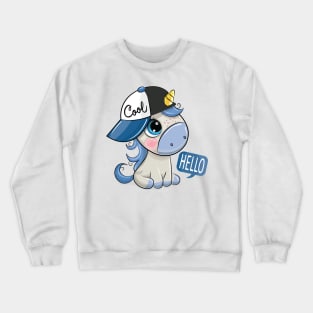 Little cute unicorn in a baseball cap says hello Crewneck Sweatshirt